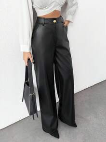 EURMUSE Gold Button Detailed Straight Fit PU Leather Pants - Black - View 4