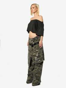 SUMWON WOMEN Off Shoulder Sparkle Cropped Top With Metallic Stars For Evening Occasions - Black - View 5