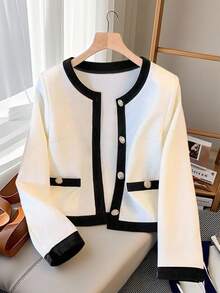 SHEIN Franclia 女式优雅时尚撞色金属单排扣长袖轻便夹克 - 黑與白 - 查看 1