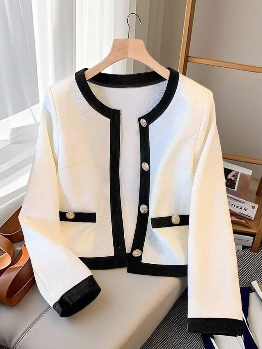 SHEIN Franclia 女式优雅时尚撞色金属单排扣长袖轻便夹克 - 黑與白 - 查看 1