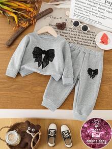 Sparklyn 2 件年轻女孩休闲柔软舒适时尚简约仿亮片蝴蝶结图案羊毛圆领运动衫和运动裤套装，秋冬装 - 灰色 - 查看 4