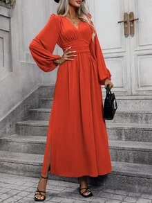 EMERY ROSE Lantern Sleeve Ruched Split Thigh Dress Maxi Women Outfit - Orange - View 7