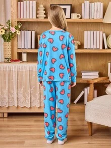 2pcs/Set Girls Blue Heart Print Crew Neck Long Sleeve T-Shirt + Pants Pajama Set, Autumn/Winter Girls Casual Loungewear Or Sleepwear Girls Sleepwear Set Kids Pajama Set Kids Heart Print Pajama Set Long Sleeve Pajama Set Teen Girl Pajama Sets - Blue - View 2