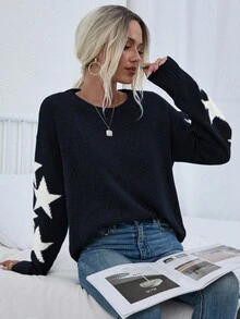 EMERY ROSE Women's Casual Everyday Commute Street Fashion Star Pattern Dropped Shoulder Loose Pullover Sweater, Autumn/Winter - Navy Blue - View 6