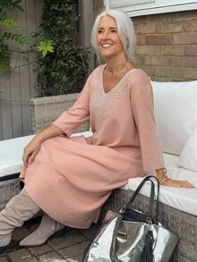 Livesso Vestido holgado midi con escote en V y adornos de rhinestones para mujer - Rosa - Ver 5