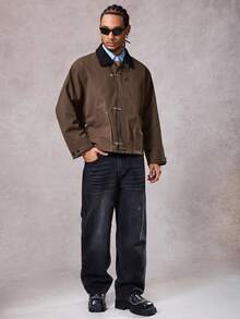 DAZY Men's Autumn Metal Claw Buckle Patchwork Collar Brown Jacket And Coat - Brown - View 7