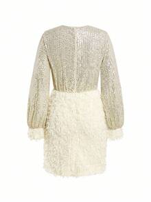 Ellevyn Women's V-Neck Overlap Long Sleeve Apricot Waist Cinching Slim-Fitting Elegant Bodycon Mini Dress, Suitable For Daily Wear And Party, Autumn/Winter - Apricot - View 4