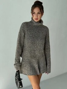 Aloruh 女式复古厚针织高领毛衣和迷你裙两件套，深灰色，百搭秋冬 - 灰色 - 查看 4