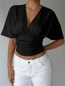 Aloruh 杏色深V褶饰短袖紧身下摆女式T恤 - 黑色 - 查看 4