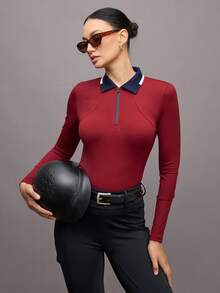 Activina Maglia a maniche lunghe da donna con design minimalista a blocchi di colore, stile equestre
