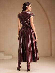 Anewsta Fashionable Casual Deep V Dropped Shoulder PU Wine Red Women's Christmas, New Year Party Dress - Burgundy - View 1
