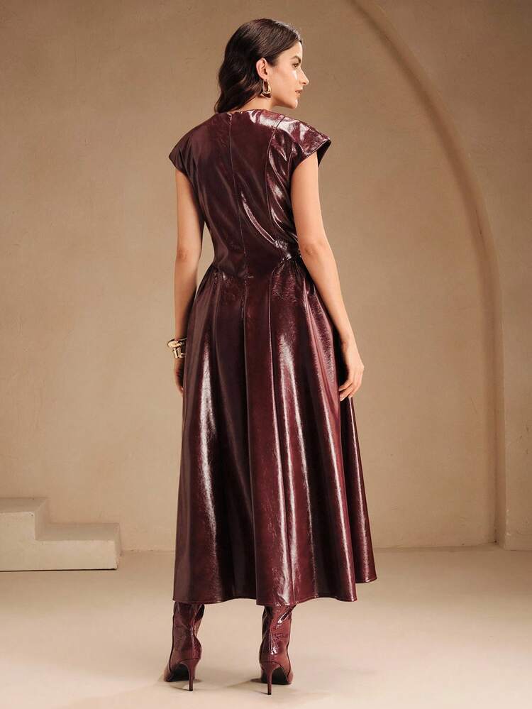 Fashionable Casual Deep V Dropped Shoulder PU Wine Red Women's Christmas, New Year Party Dress