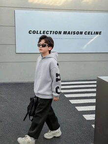 SHEIN Lässiges koreanisches Stil Outfit für Tween Jungen, bestehend aus weiter Kapuzenjacke mit Buchstaben-Grafik und Hose mit elastischem Bund, geeignet für Herbst/Frühling, Outdoor, Schule, Straßenmode, Partys und Lässig