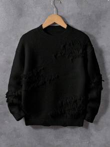 SHEIN Vacaura Y2K Tween Boys' Solid Color Round Neck Dropped Shoulder Distressed Scratch Casual Sweater, Autumn/Winter Black Sweater For Boys Boys Black Jumper Kids Ripped Sweater Distressed Knitwear For Kids Teen Boy Black Sweater Black Sweaters For Teens Boys Sweater 8 Years Old Boy Knitwear Black Jumper 8 12 Kids Big Sweater Fall Ripped Sweater For Youth Boys Knit Sweater - Black - View 6