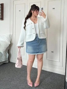 SHEIN EZwear 大码女式纯色性感简约毛绒薄款夹克，秋冬 - 白色 - 查看 6