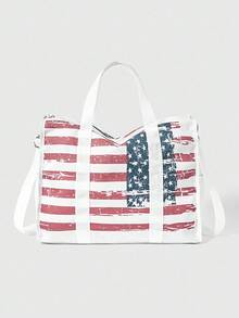 ROMWE Grunge Punk Women's Casual Large Capacity Tote Bag With American Flag Pattern - White - View 1