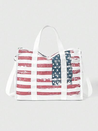 ROMWE Grunge Punk Women's Casual Large Capacity Tote Bag With American Flag Pattern
