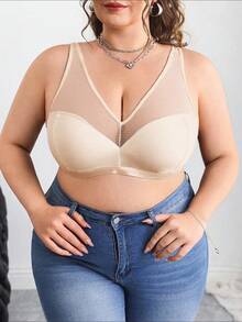 SHEIN CURVE+ Plus Size Solid Color Mesh Insert Wireless Curved Brasummer/Country/Beach Vacation Outfits/Beach Outfits/Beach Wear