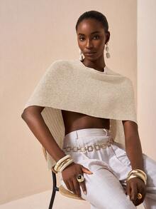 Zivah Sexig sjalponcho med mångsidig stickad kapelett, spaghettiband, v-ringad asymmetrisk axeldesign, semesterstil - Aprikos - Visa 7