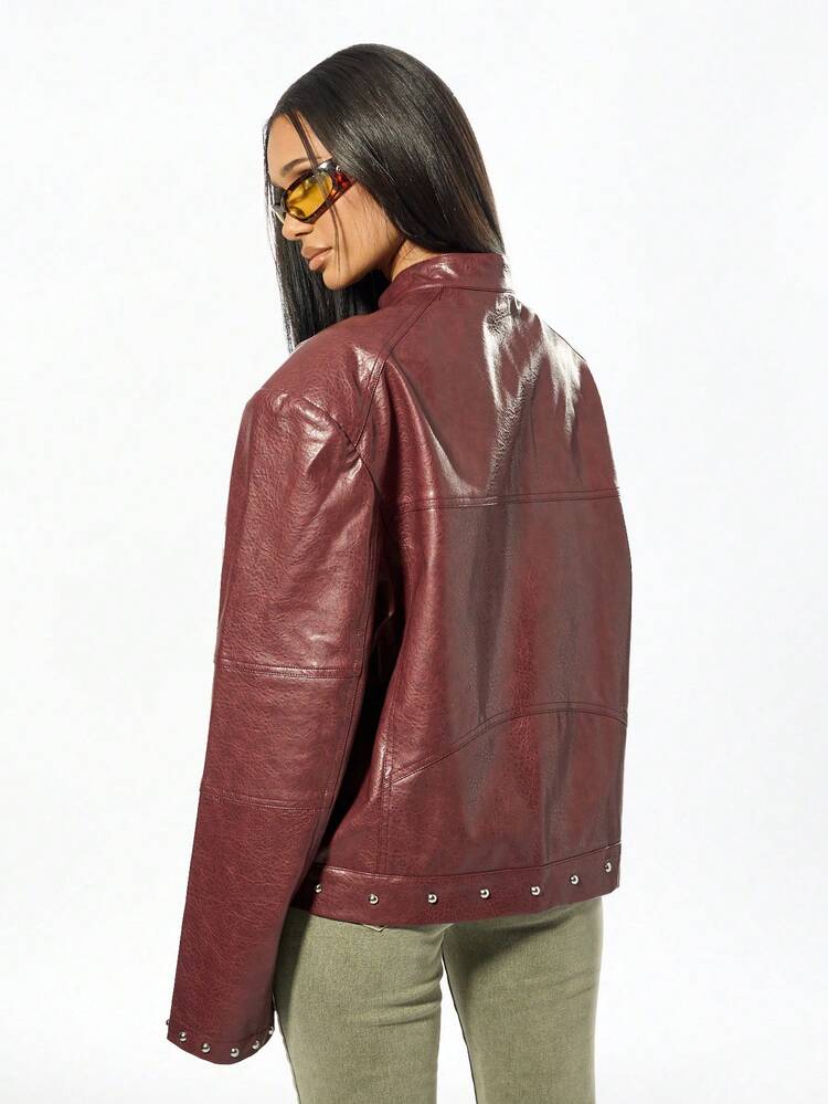 SUMWON WOMEN Oversized Studded Leather Jacket With Metal Hardware