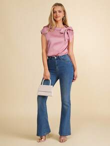 Amorya Áo sơ mi nữ Thắt nơ trước màu trơn Thanh lịch - Bụi hồng - Xem 5