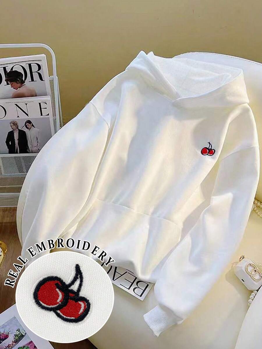SHEIN 女式樱桃刺绣连帽口袋宽松休闲运动衫 - 白色 - 查看 1