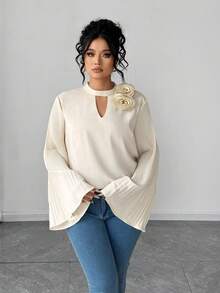 SHEIN Elenzya 大码女式纯色圆领褶袖优雅衬衫，适合日常穿着和派对，春秋季长袖 - 杏色 - 查看 5