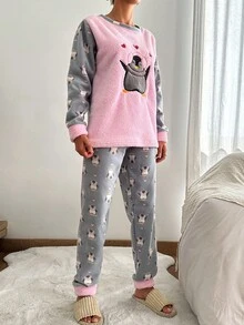 SHEIN Cottnline Cartoon Graphic Flannel PJ Set - Multicolor - View 5