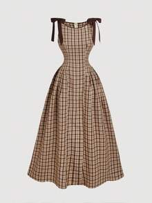 SHEIN MOD 女式黑白格子蝴蝶结修身连衣裙 - 卡其色 - 查看 3