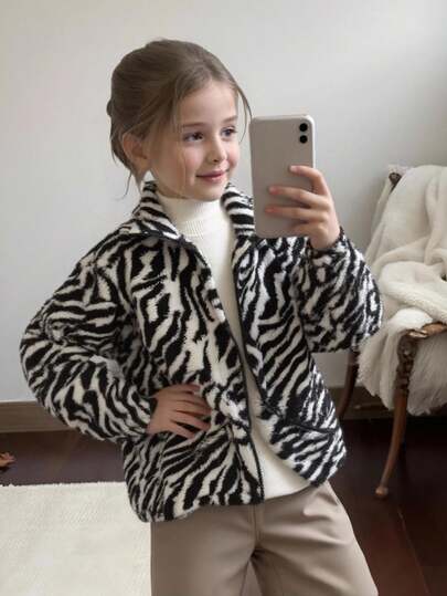 SHEIN Tween Girl Zebra Striped Loose Fit Fluffy Zip-Up Hoodie, Casual Girls Warm Jacket,In Fall/Winter