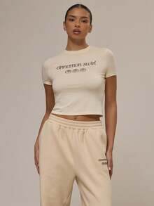 Musera Sport Graphic Print Fitted Short Sleeve Baby Tee Gym Active Sports Workout Cute Cinnamon Swirl Graphic Tee - Cream - View 1