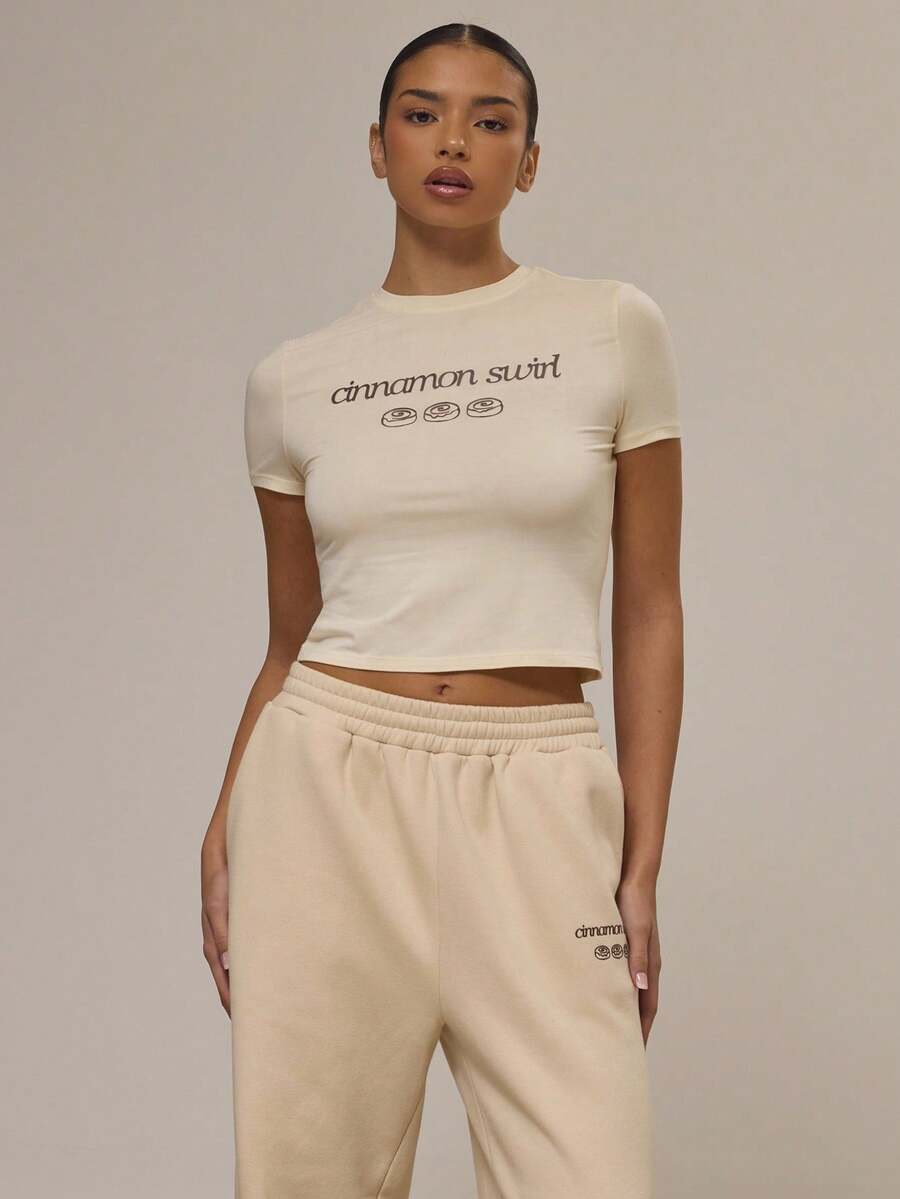 Musera Sport Graphic Print Fitted Short Sleeve Baby Tee Gym Active Sports Workout Cute Cinnamon Swirl Graphic Tee - Cream - View 1