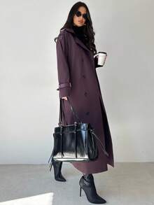 Firerie 女式卡其色翻领仿皮袖收腰双排扣中长款风衣，长袖风衣，春/秋/冬装，通勤，优雅，日常，工作装 - 卡其色 - 查看 6