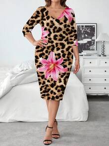 Modelyn 休闲简约大码连衣裙，V领，半袖