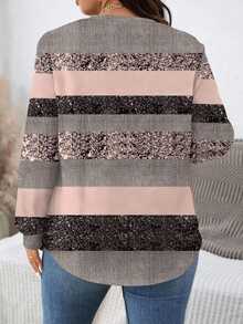 EMERY ROSE Pink Metallic Textured Striped Casual Minimalist Loose Fit Crew Neck Sweatshirt, Suitable For Plus Size, Fall/Winter, Party - Multicolor - View 2
