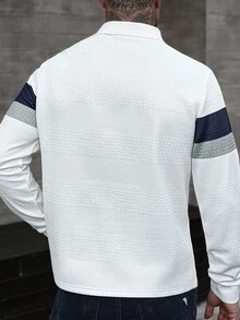 Manfinity CasualCool 男士长袖条纹 Polo 衫 拼布上衣 白色和灰色衬衫 男士 Old Money，秋季 - 白色 - 查看 2