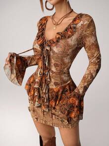 SHEIN ICON Women's Floral Print Ruffle Trim Tie Front Blouse