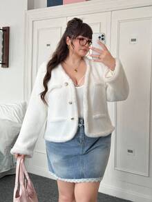 SHEIN EZwear 大码女式纯色性感简约毛绒薄款夹克，秋冬 - 白色 - 查看 4