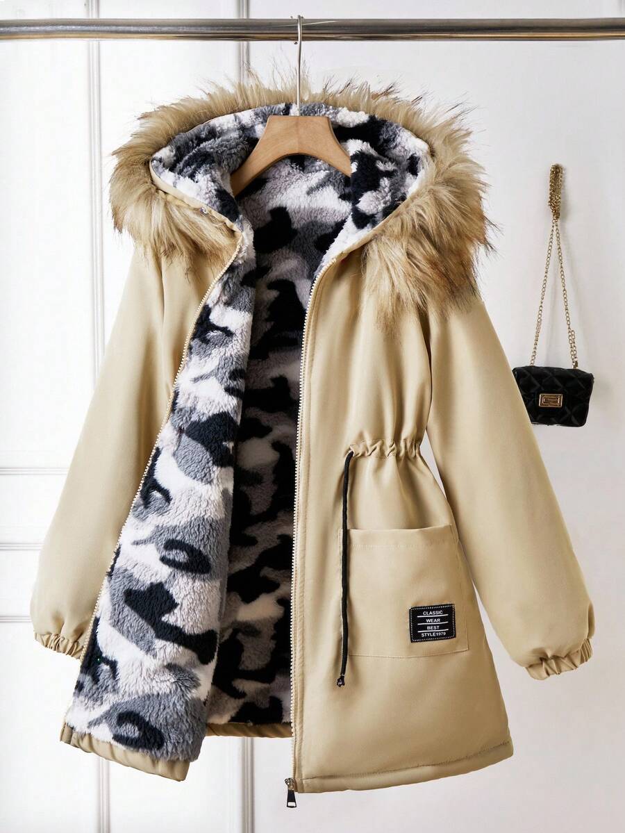 Tween Grey Camouflage Thermal Lined Zip-Up Waist Drawstring Hooded Jacket Fall Winter - Khaki - View 1