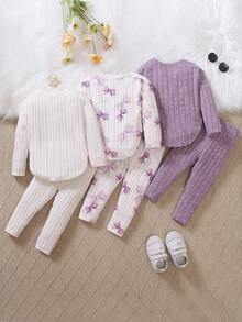 SHEIN Playful Pals 3 件套幼儿休闲长袖可爱甜美条纹针织面料舒适柔软 T 恤上衣搭配修身裤，印花图案设计，买 1 套送 2 套，百搭 T 恤套装适合外出、居家或户外穿着，四季皆宜 - 彩色 - 查看 2