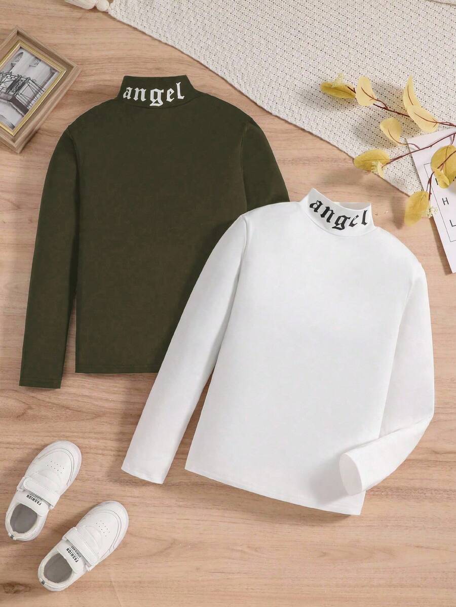 SHEIN Set 2 tricou cu guler înalt pentru băieți preadolescenti, cu imprimeu gotic și font - Multicolor - Vizualizare 1