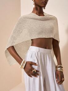 Zivah Sexig sjalponcho med mångsidig stickad kapelett, spaghettiband, v-ringad asymmetrisk axeldesign, semesterstil - Aprikos - Visa 4