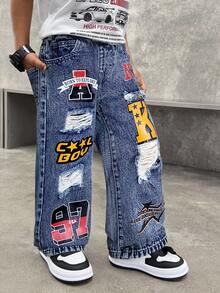 SHEIN Toddler/Young Boys' Stonewashed Graffiti Letter Print Ripped Frayed Loose Fit Straight Leg Black Denim Pants Jeans For Kids Clothes Boys Costume Streetwear And Kids Four Seasons Clothes Fall Winter - Dark Wash - View 4