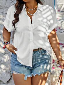 SHEIN LUNE Plus Size Women Regular Loose Casual Short Sleeve Blouse, Summer - White - View 1