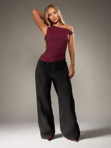 MISSGUIDED One Shoulder Asymmetric Top With Cold Shoulder Design For Evening Party Occasions - Brown - View 3