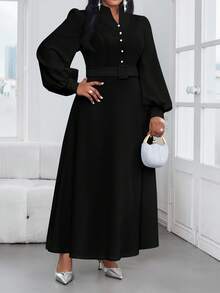 SHEIN Lady 秋冬优雅休闲通勤复古办公室黑色针织立领鱼尾喇叭袖长袖大码连衣裙正式职业装 - 黑色 - 查看 5
