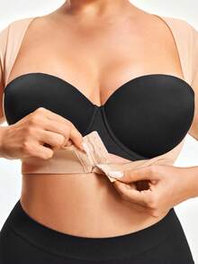 SHAPORA Plus Size Solid Color Front Closure Shaping Short Sleeve Bra Top, Suitable For Everyday Wear - Beige - View 4