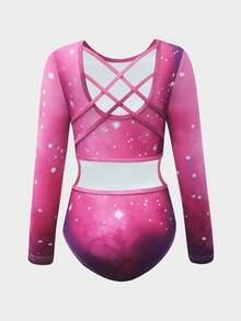 Tween Girls Colorful Gradient Gymnastics Leotard, Backless Hollow-Out Design, Long Sleeve Bodysuit, Printed Gymnastics Costume For Training & Performance - Multicolor - View 3