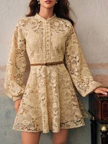 Anewsta Đầm tay đèn lồng họa tiết hoa thêu ren cổ điển thanh lịch lãng mạn dành cho nữ, thích hợp cho năm mới, tiệc tùng, tốt nghiệp - Màu be - Xem 3