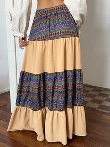 Sunnyshic Beige,Summer,Boho,Picnic,Holiday Pattern Retro Print Patchwork Low Waist Layered Ruffle Hem A-Line Maxi Skirt,Vintage Elegant Hippie Long Skirt Women - Multicolor - View 2
